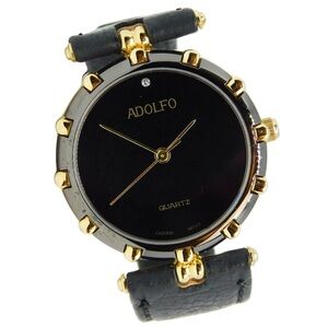 NWT ADOLFO Genuine Leather Quartz Analog Women's Watch In Black/Hold Hardware